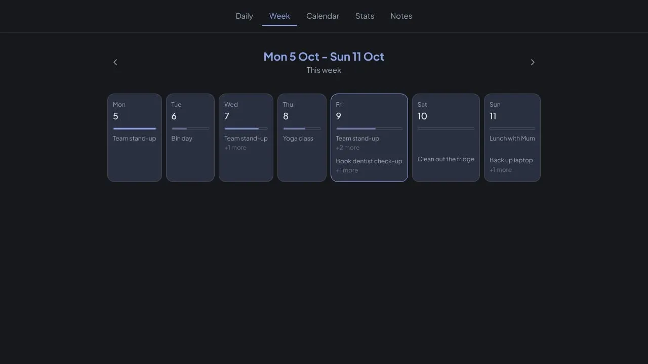 Week view in dark mode, Tide palette