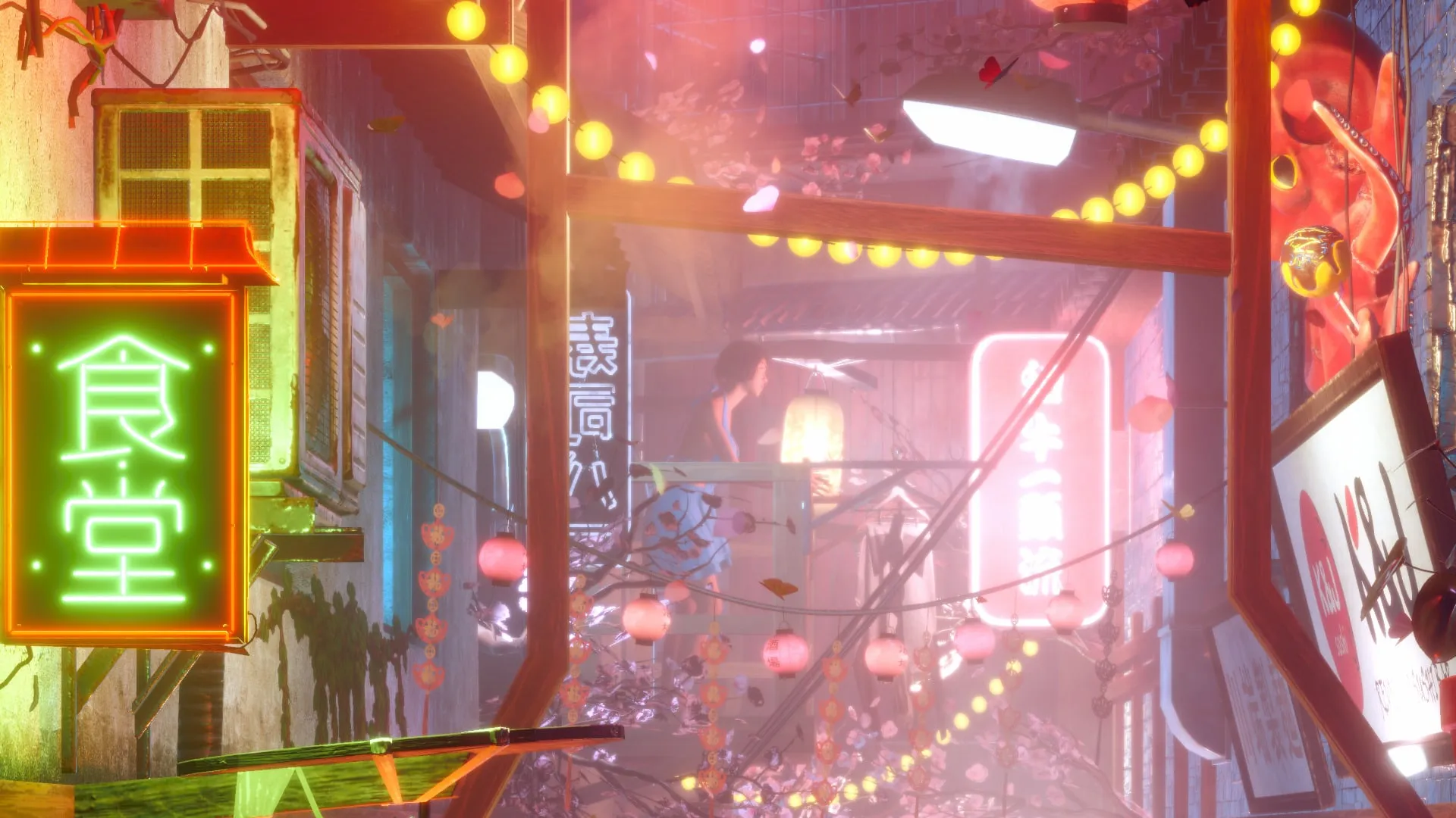A close crop of the neon sign and lanterns
