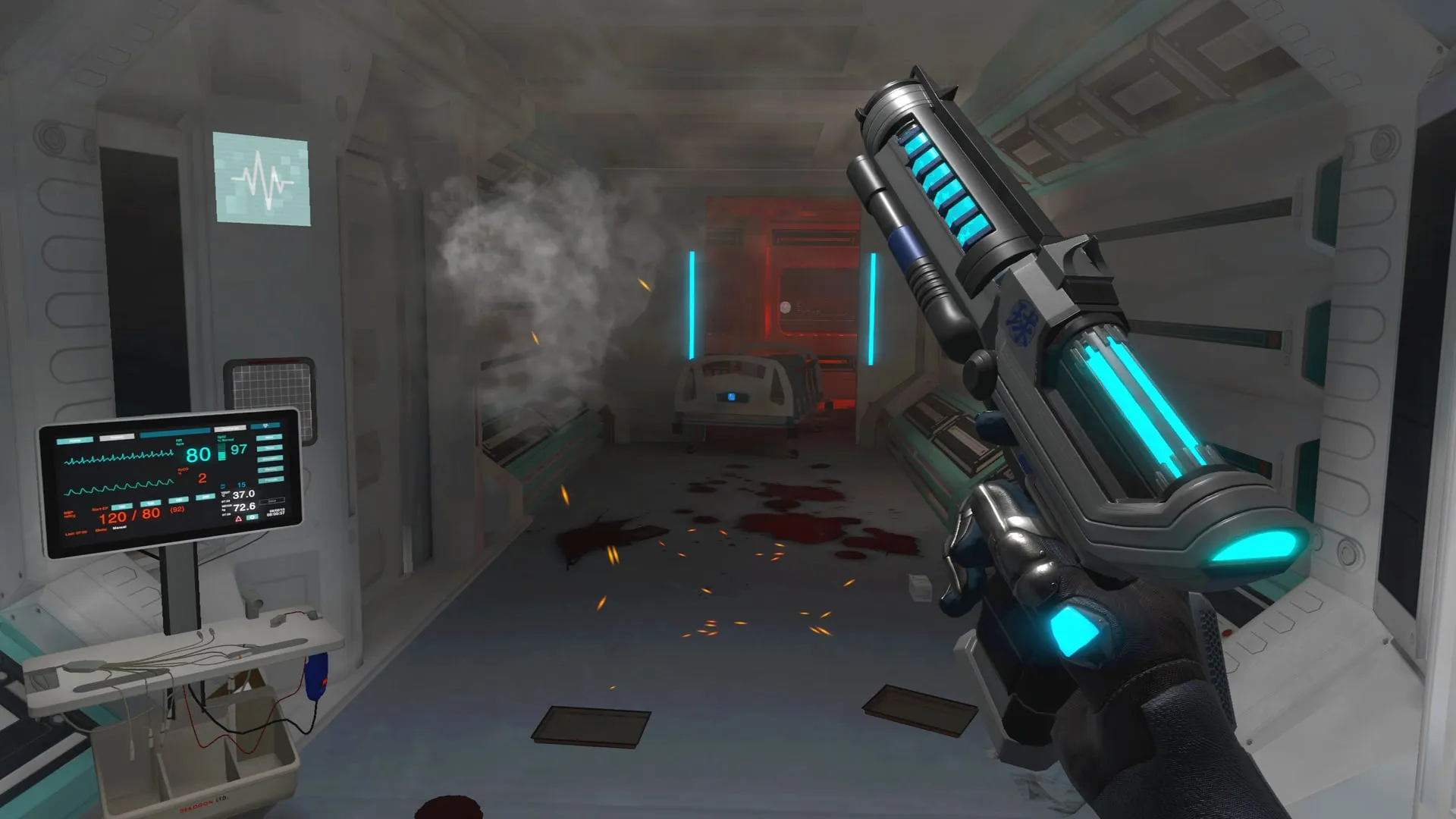 A medical bay, with the ammo counter on the player's gun