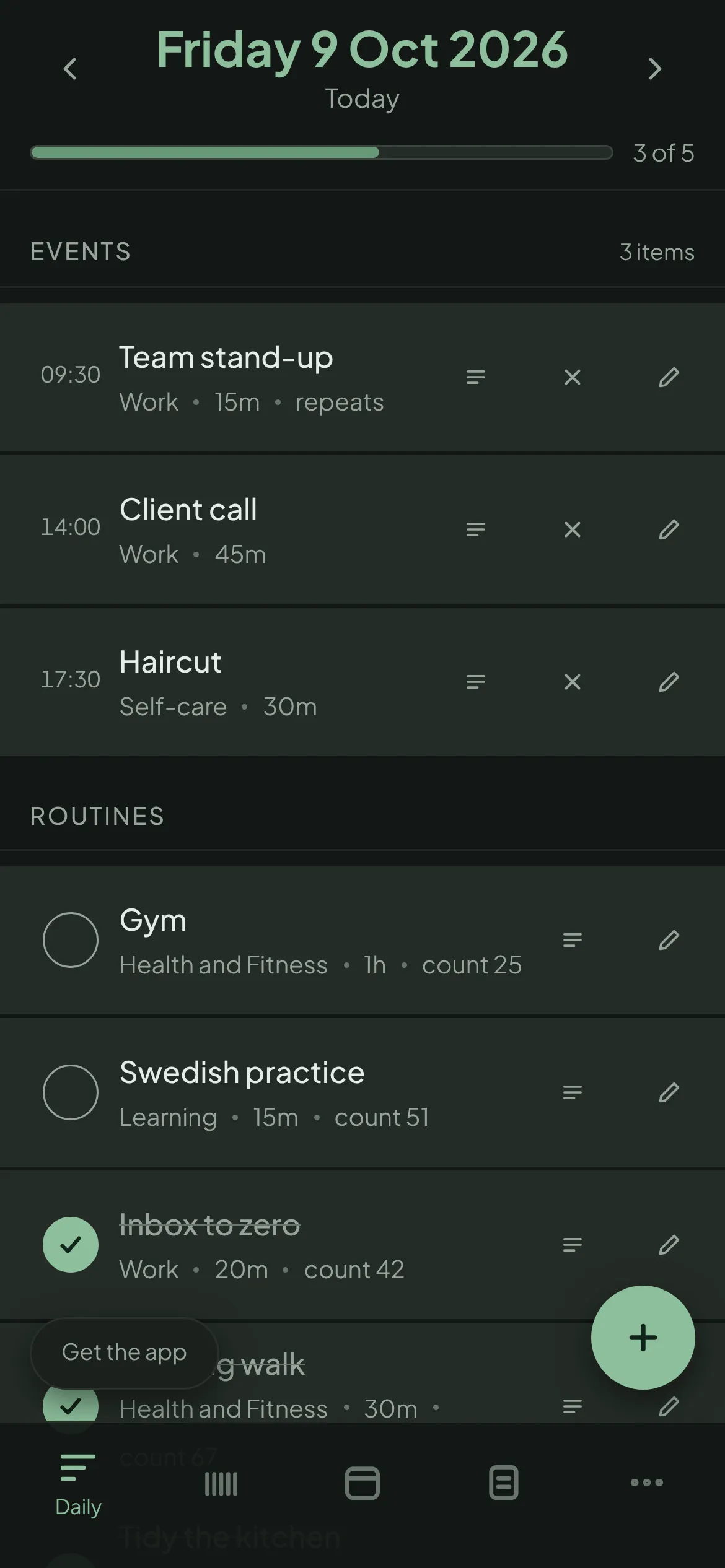 Daily view on a phone, Forest palette, dark