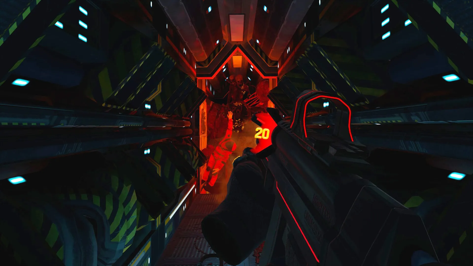 Firing down a long red-lit shaft