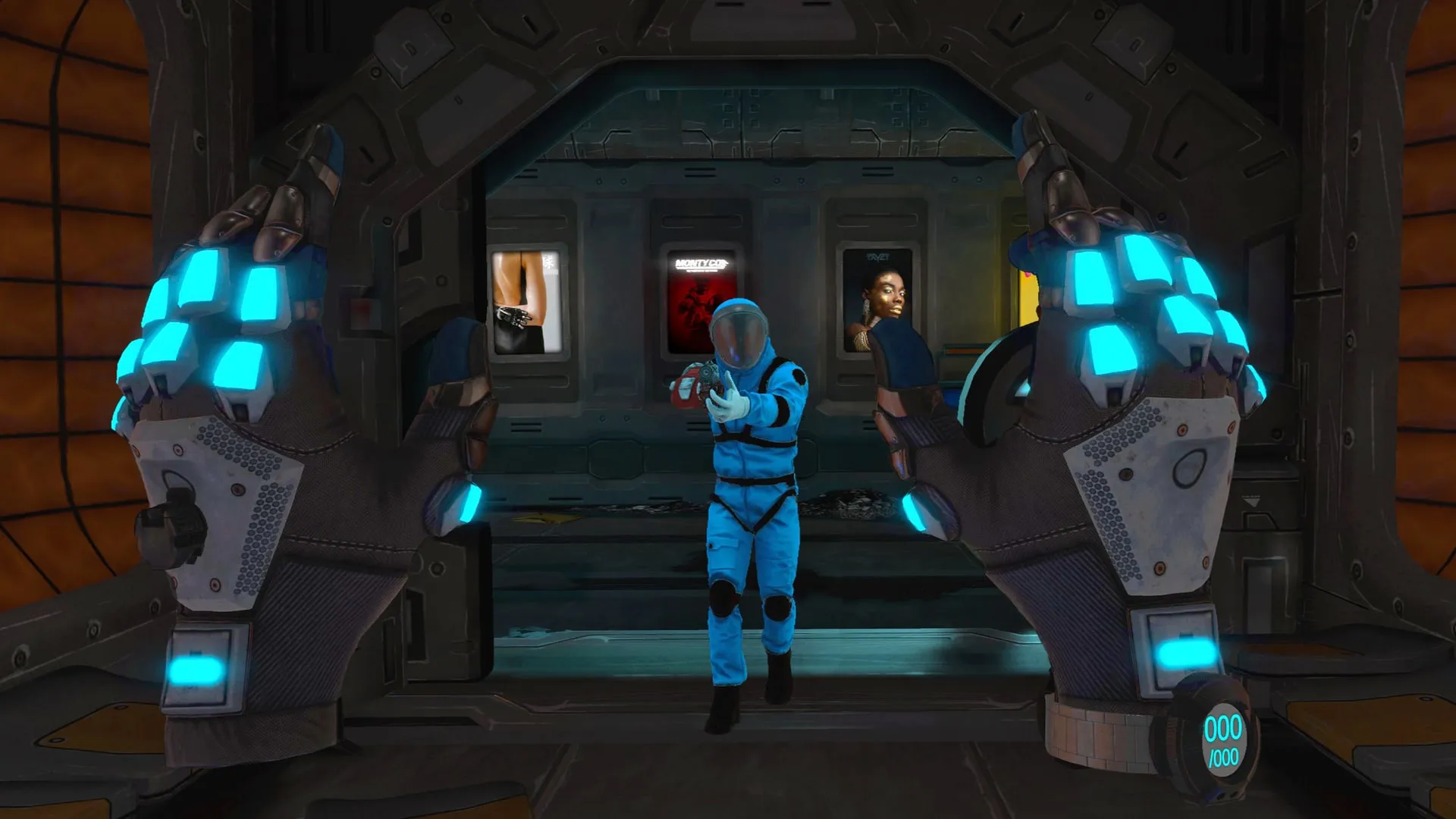 An armed soldier advancing down a corridor