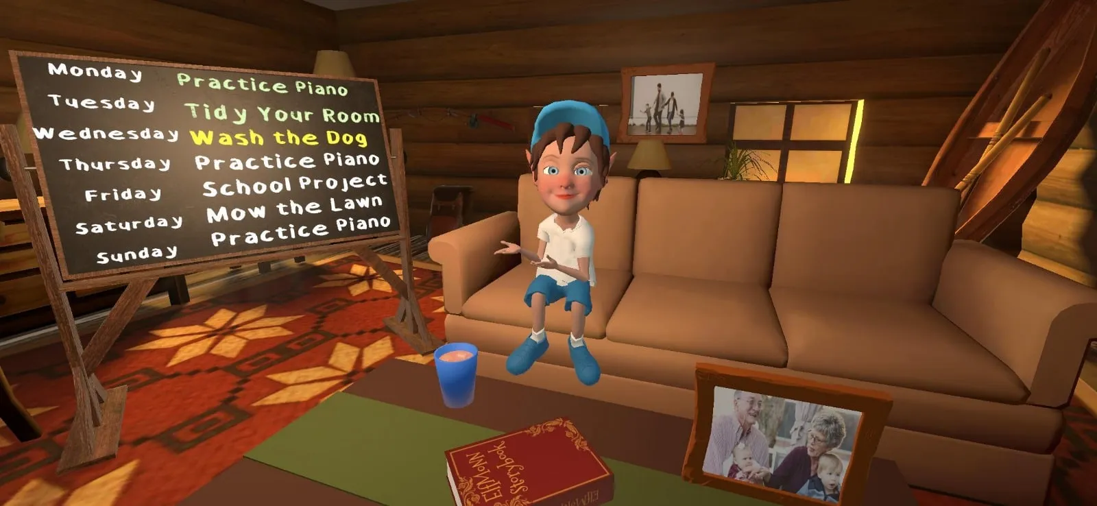 Chuck beside the weekly task and reward chalkboard