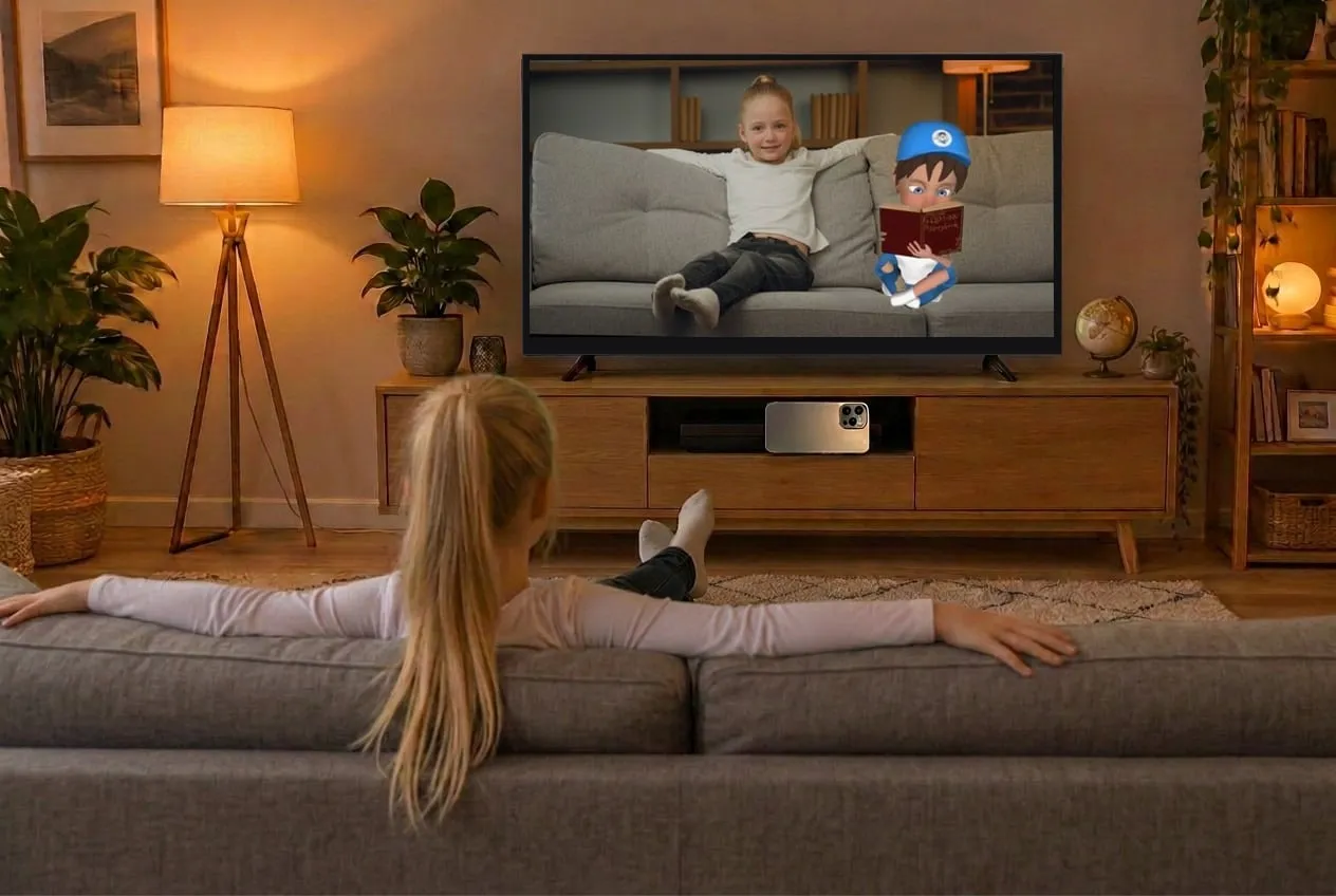 A child on a sofa watching Chuck on the television